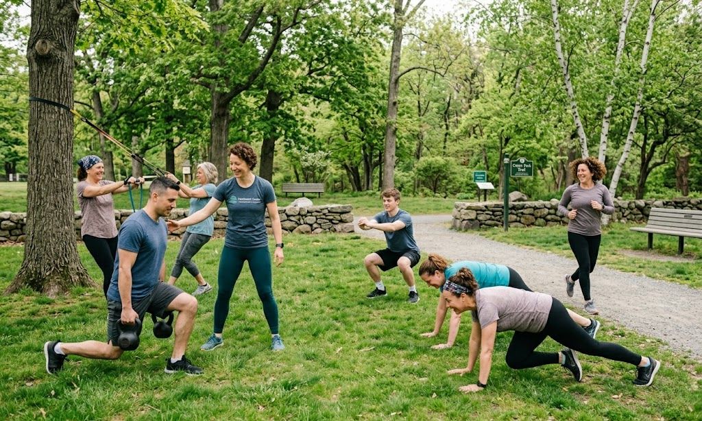 Diverse group participating in outdoor exercise therapy session for addiction recovery in Massachusetts showing holistic treatment benefits