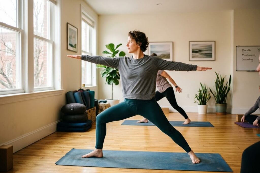 Person practicing yoga in bright recovery center showing holistic addiction treatment mind-body connection, Massachusetts