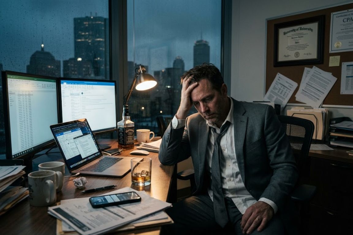 Professional experiencing workplace burnout stress at desk late night with alcohol, showing work addiction connection, Massachusetts