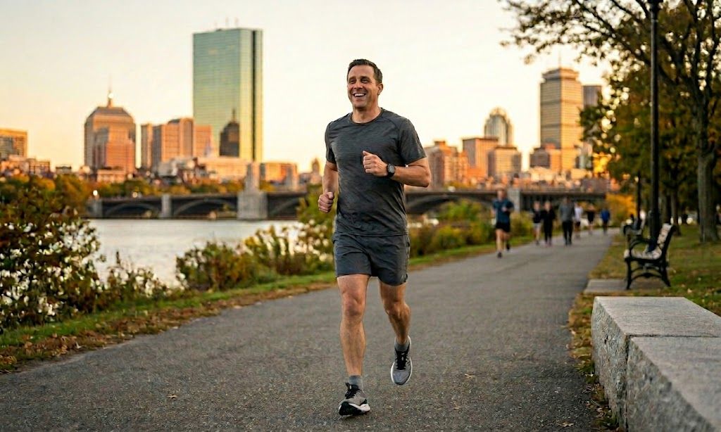 Professional using exercise for healthy stress management, showing recovery from workplace burnout addiction in Massachusetts