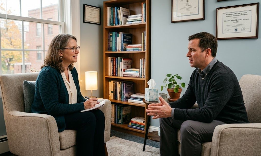 Professional in confidential therapy session discussing workplace burnout and addiction with counselor in Massachusetts treatment center