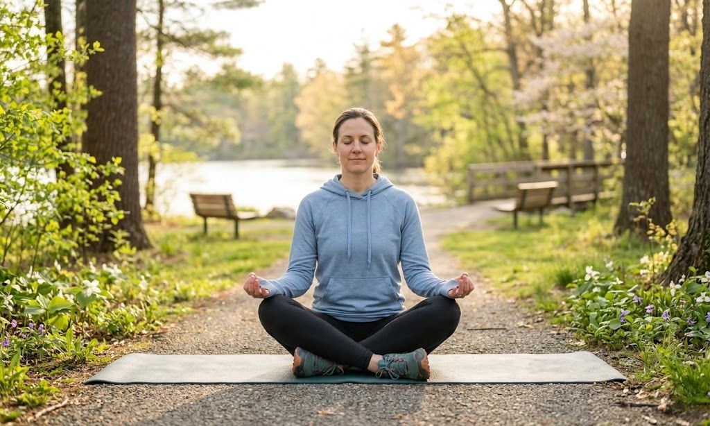 erson practicing mindfulness meditation outdoors in Massachusetts representing healthy coping strategies in recovery from anxiety and addiction