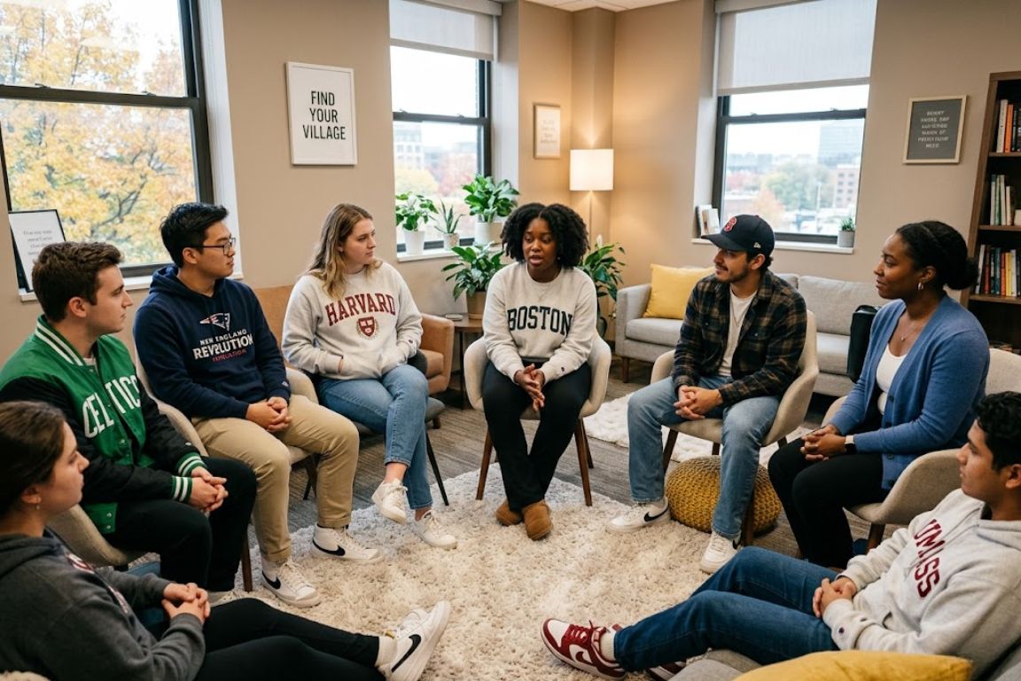 Young adults aged 18-26 in supportive peer group therapy session for addiction treatment in Massachusetts showing youth-focused recovery