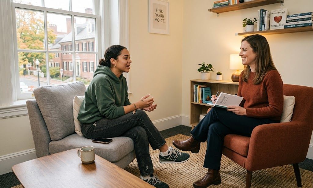 Young adult in individual counseling session with age-appropriate therapist for personalized addiction treatment planning Massachusetts