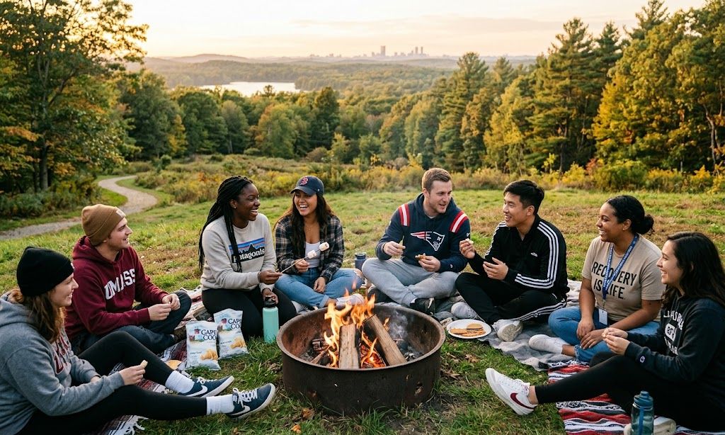 Young adults participating in healthy, sober social activity outdoors, building peer recovery community Massachusetts youth treatment