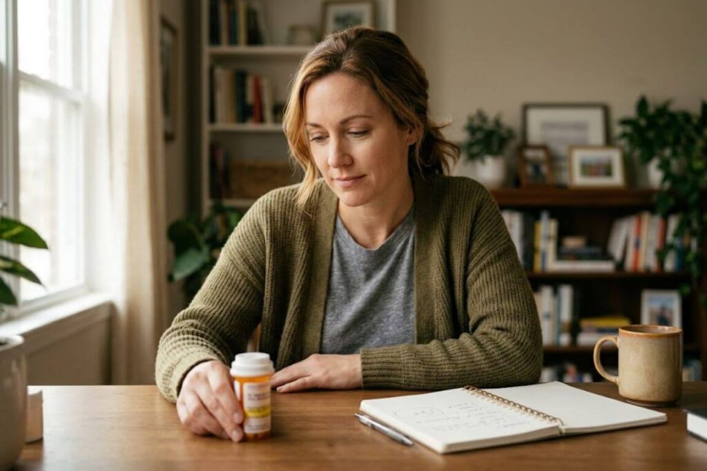 Person sitting at a desk looking at a prescription bottle, reflecting on benzodiazepine dependence and seeking help in Massachusetts