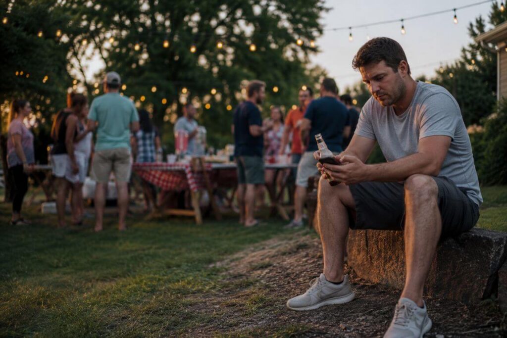 Person experiencing anxiety and substance use struggles during Massachusetts summer