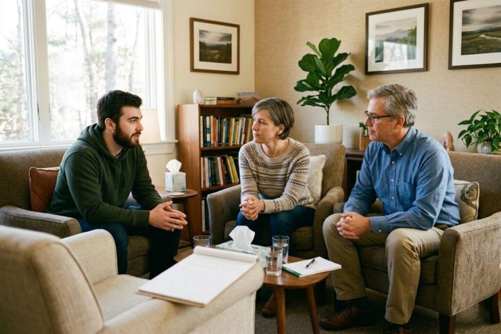 Family sitting together in therapy session with counselor, representing family therapy for addiction in Massachusetts