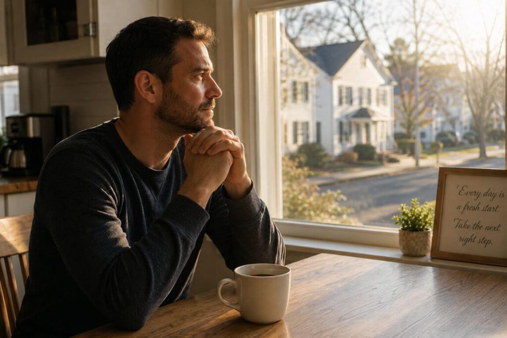 Person sitting quietly near a window at dawn, reflecting on starting heroin addiction treatment in Massachusetts