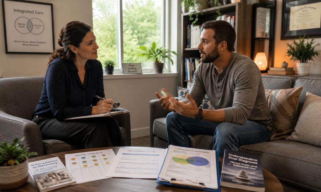 Therapist conducting integrated dual diagnosis treatment session in Massachusetts
