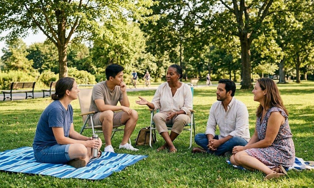 Diverse group in recovery meeting outdoors during summer, representing summer sobriety support in Massachusetts