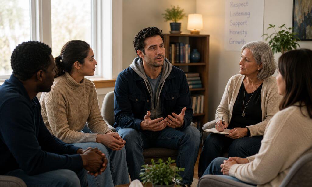 Group therapy session for methamphetamine addiction treatment at an outpatient program in Massachusetts
