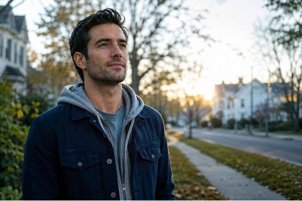 Person standing outside in morning light, looking forward with quiet resolve, representing the decision to seek meth addiction treatment in Massachusetts