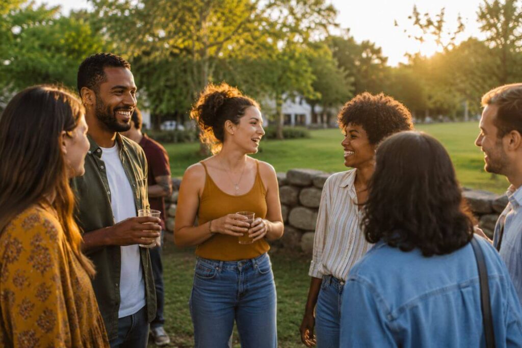 Group of people in recovery gathered outdoors at a Massachusetts community event celebrating National Recovery Month