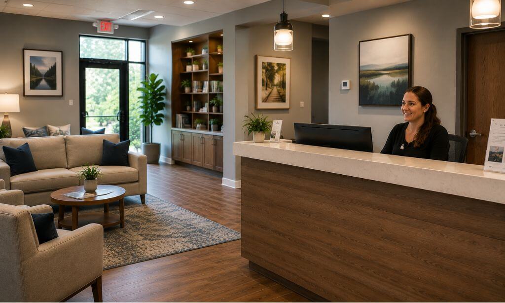 Welcoming admissions area at Real Recovery Centers in Chelmsford, Massachusetts 