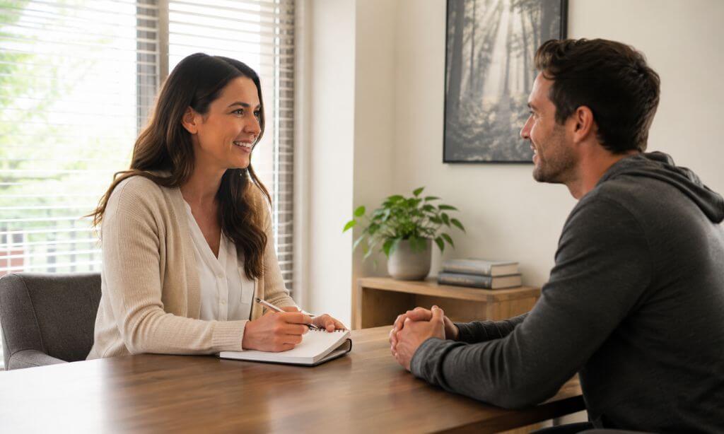 Supportive one-on-one intake conversation at Real Recovery Centers in Chelmsford
