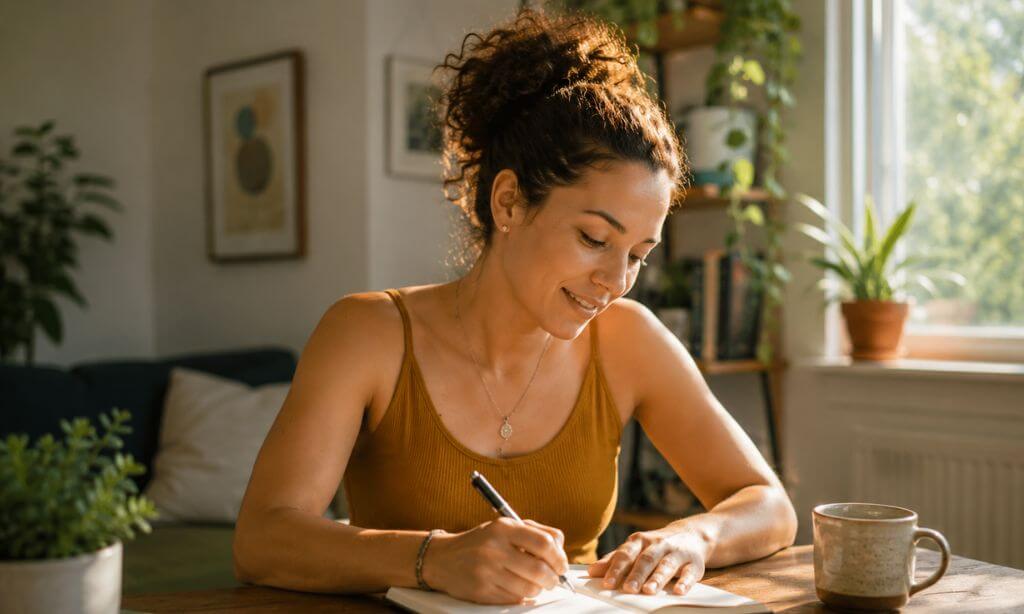 Person journaling at a table in warm summer light, preparing a personal recovery plan ahead of National Recovery Month in Massachusetts 