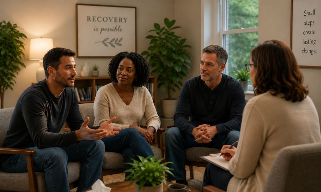 Small group therapy session at an outpatient heroin addiction treatment program in Massachusetts 