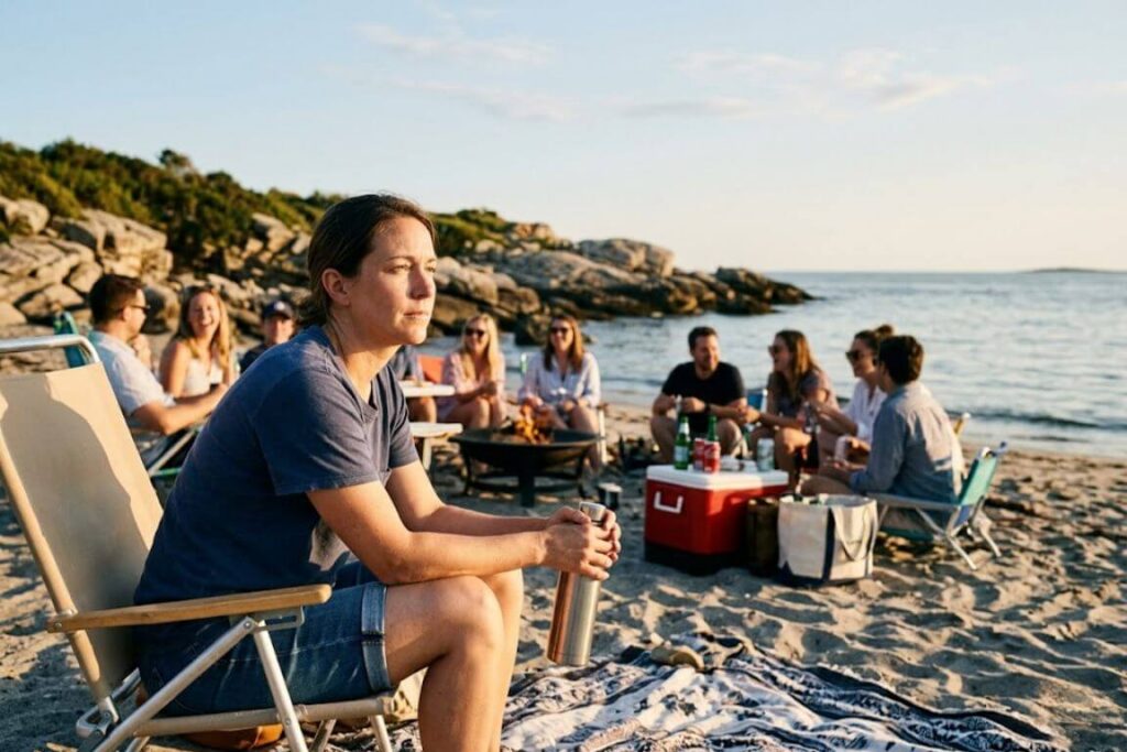 Person sitting alone at summer beach party looking contemplative, representing summer relapse triggers in recovery