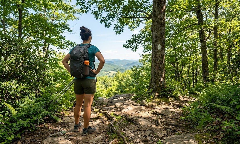 Person hiking Massachusetts trail in summer, representing healthy, sober summer activities in recovery