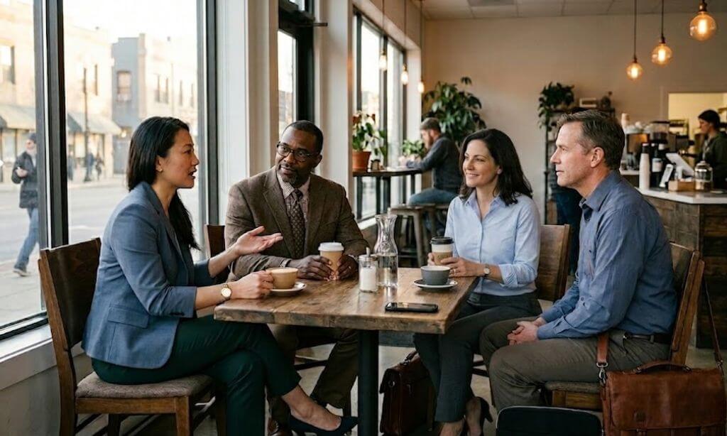 Professional attending recovery support meeting before work in Massachusetts