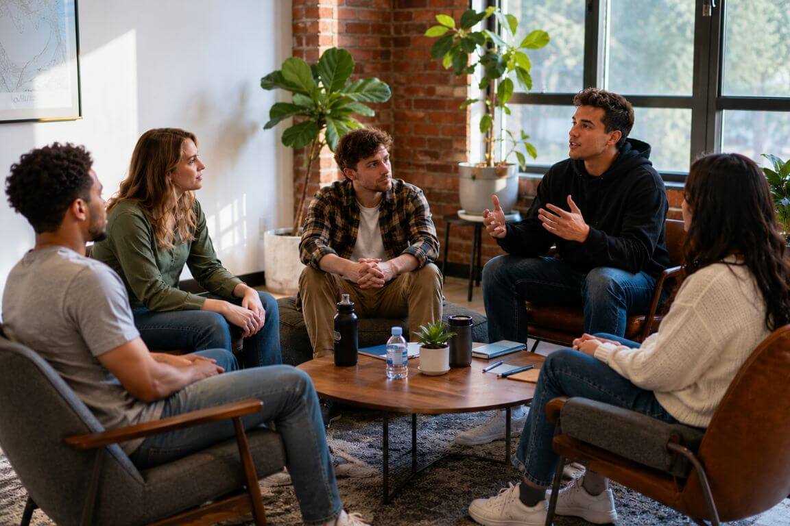 Young adults in group therapy session for addiction treatment in Massachusetts