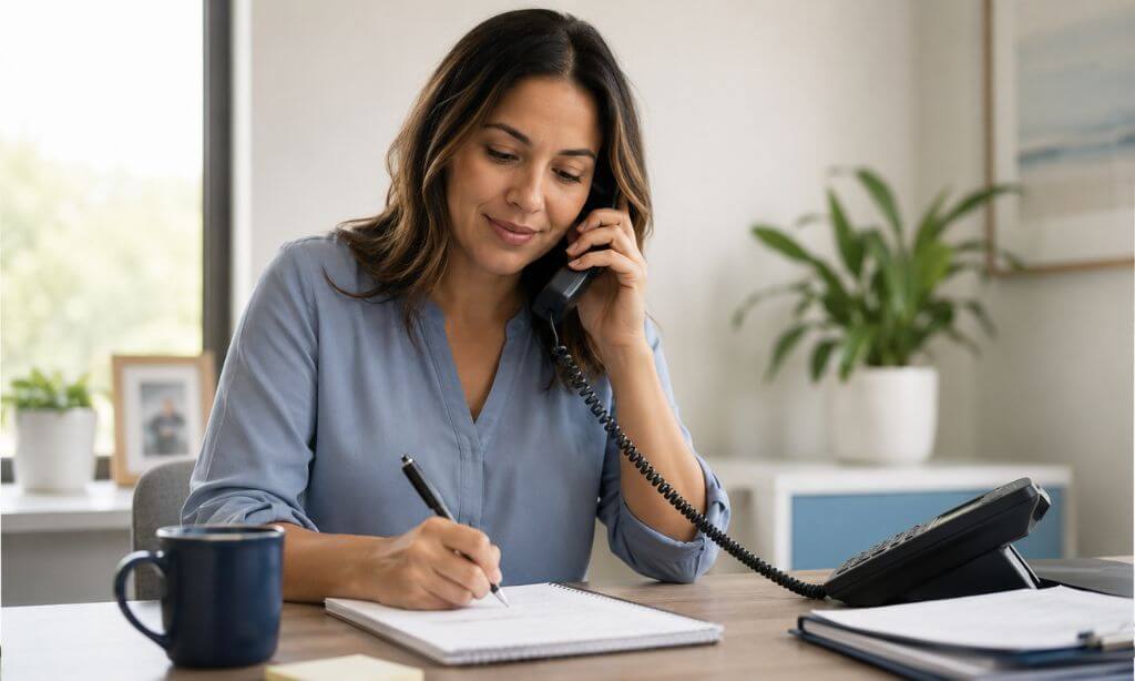 Admissions coordinator on a phone call taking notes in a bright office with a calm, attentive expression and natural light.