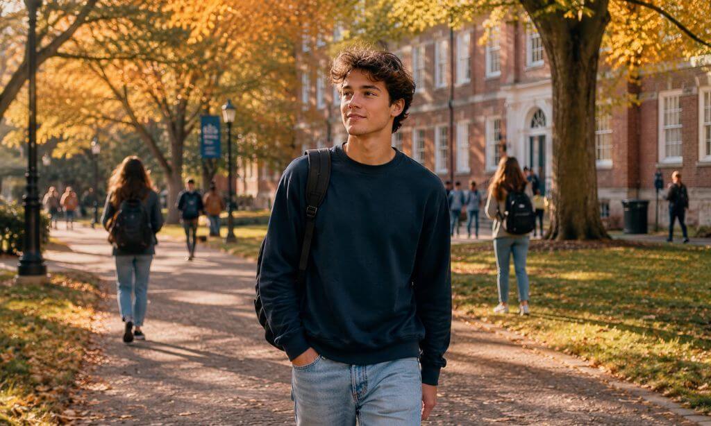 Young adult walking across a New England college campus in autumn, backpack on, calm and steady expression, warm golden-hour light