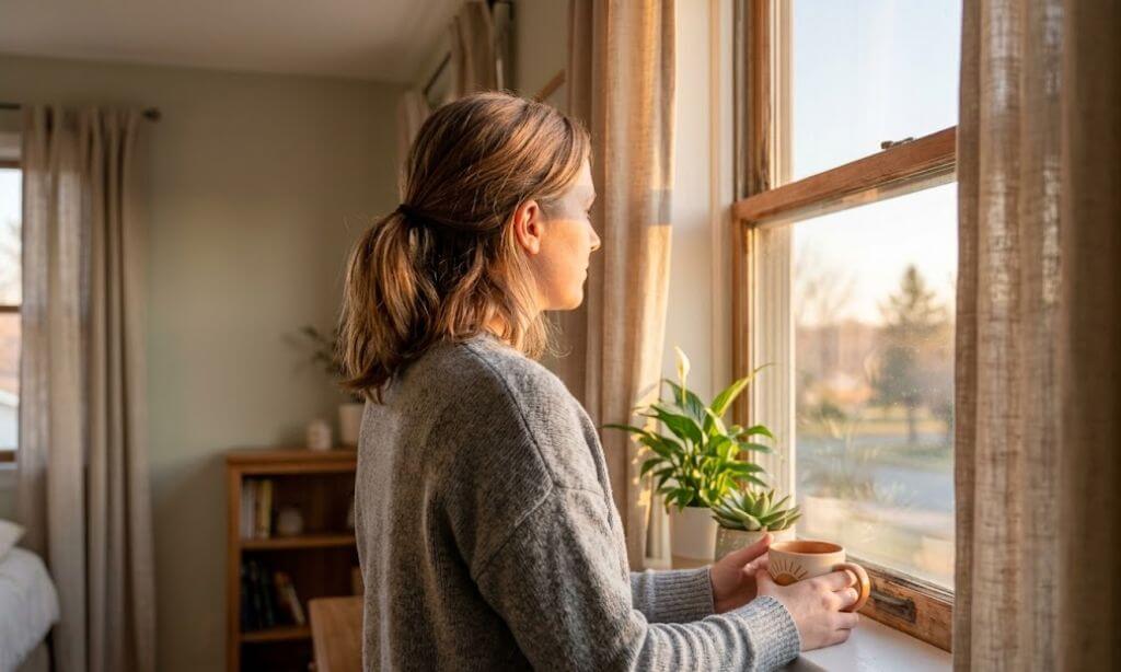 Person looking out a window at sunrise, representing a fresh start in addiction recovery treatment