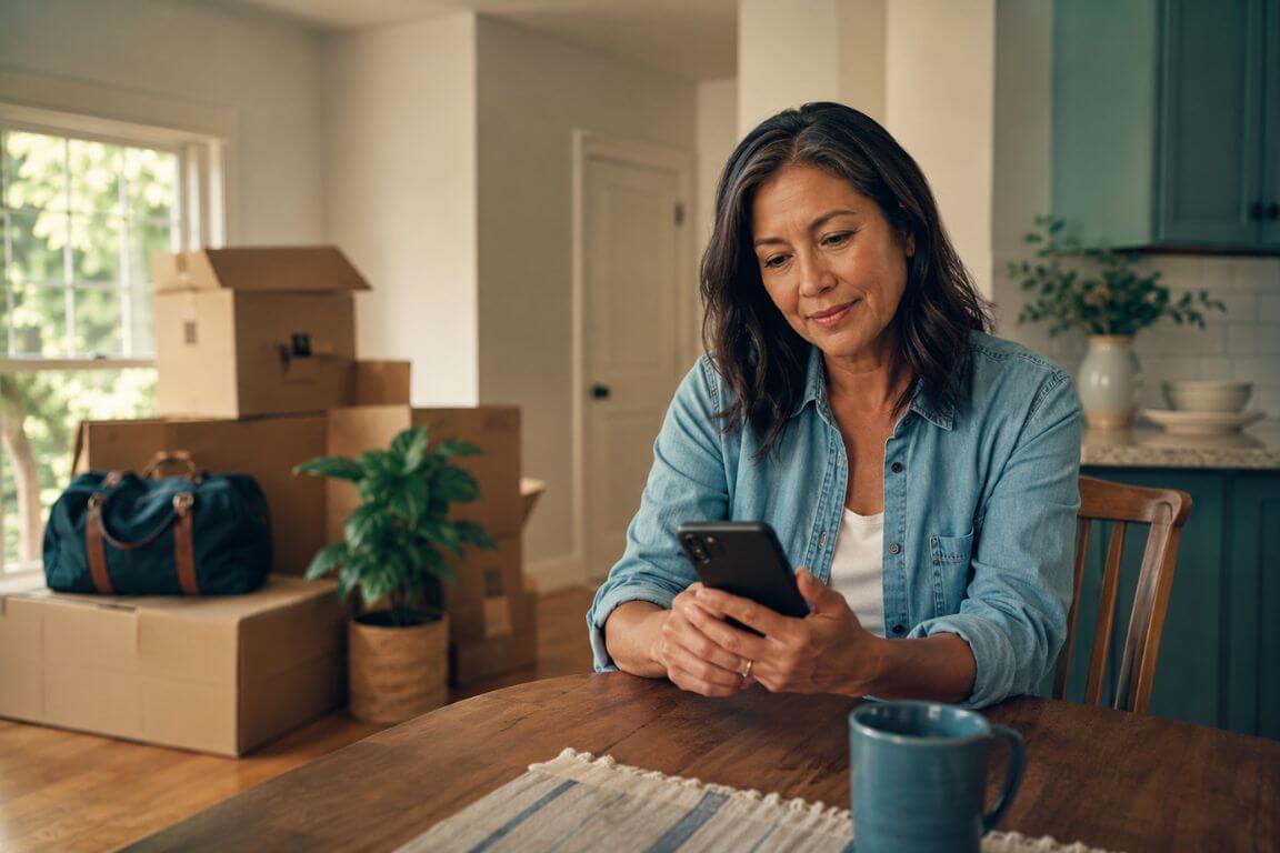 Parent sitting at a kitchen table at home in Massachusetts, looking thoughtfully at a phone while packing boxes are visible in the background, warm natural light