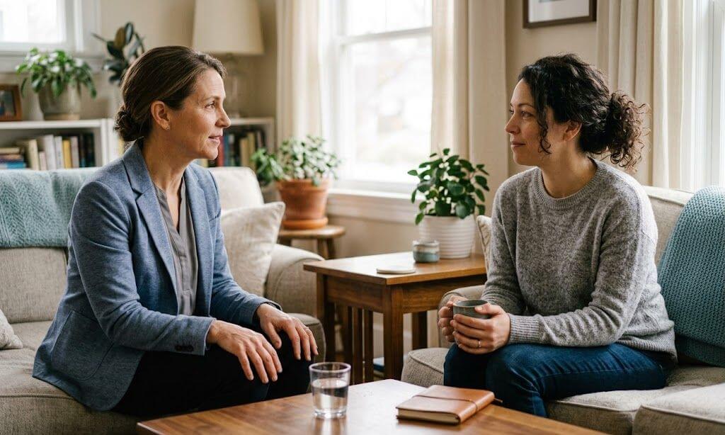 Person having a calm, supportive conversation with a clinician about level of care options in Massachusetts