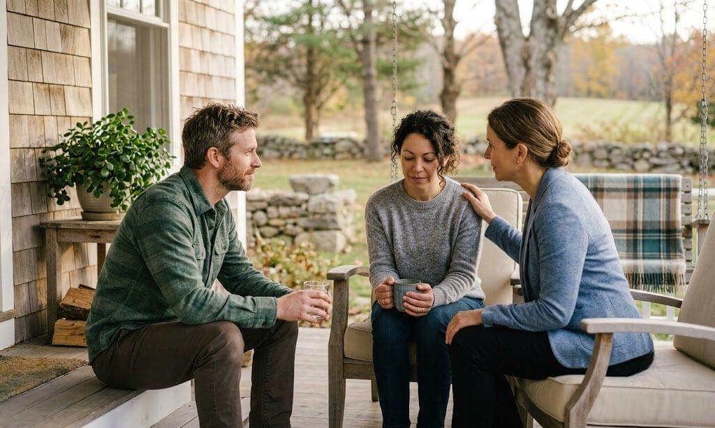 Family offering support to a loved one weighing a decision about residential addiction treatment in Massachusetts
