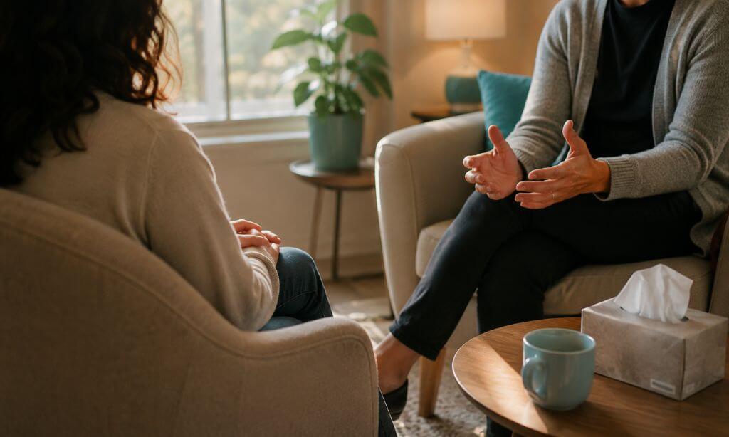 Two people sitting together in a warm, softly lit room having a supportive conversation, representing the first step of reaching out for help