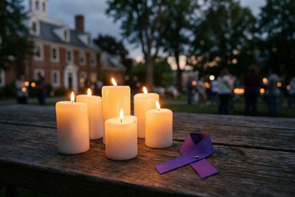Purple ribbon and lit candles arranged for International Overdose Awareness Day, symbolizing remembrance and hope, Massachusetts community setting