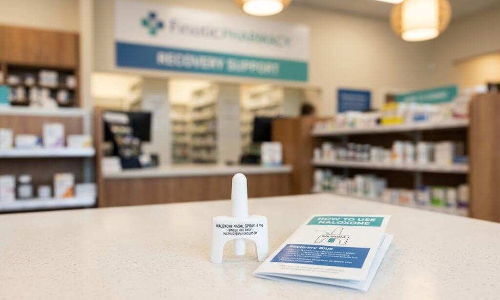 Naloxone nasal spray kit, commonly known by the brand name Narcan, shown next to informational packaging on a pharmacy counter