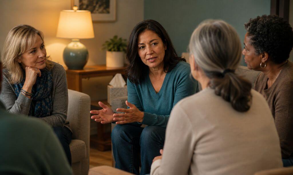 Small group of parents sitting together in a warm, informal support setting, engaged in conversation, soft indoor lighting, New England community room