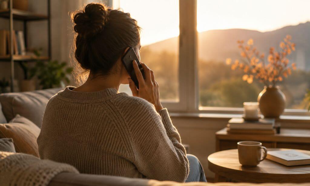 Person sitting at home on a phone call with a relaxed posture and quiet sense of relief in warm afternoon light.