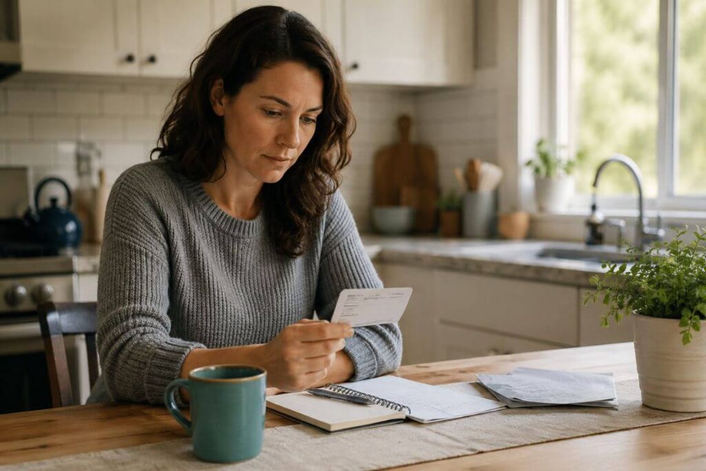 Person in their 30s reviewing an insurance card and notes at a kitchen table in a bright, naturally lit home.