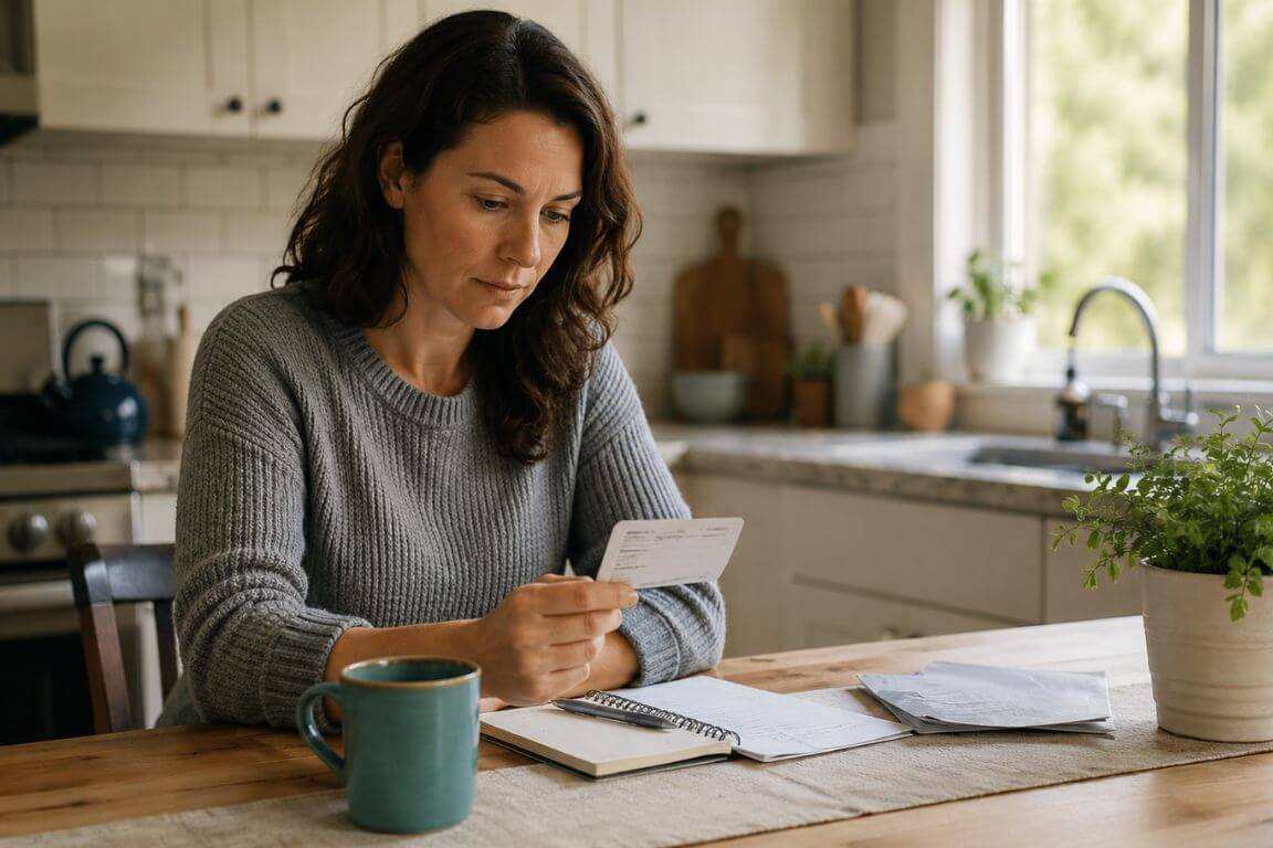 Person in their 30s reviewing an insurance card and notes at a kitchen table in a bright, naturally lit home.