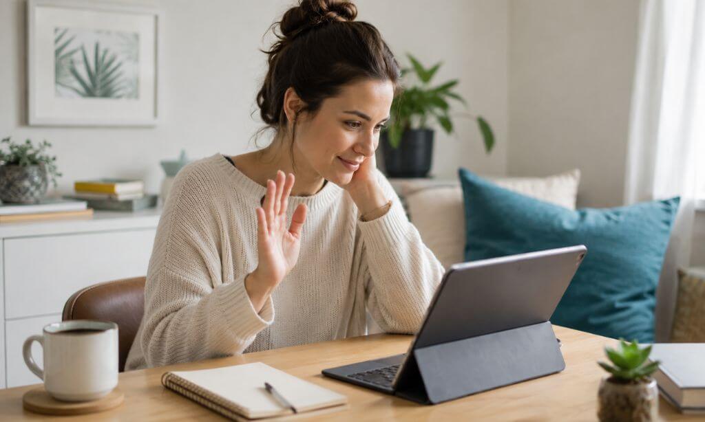Person using a tablet in a quiet home office for a virtual IOP counseling session in Massachusetts