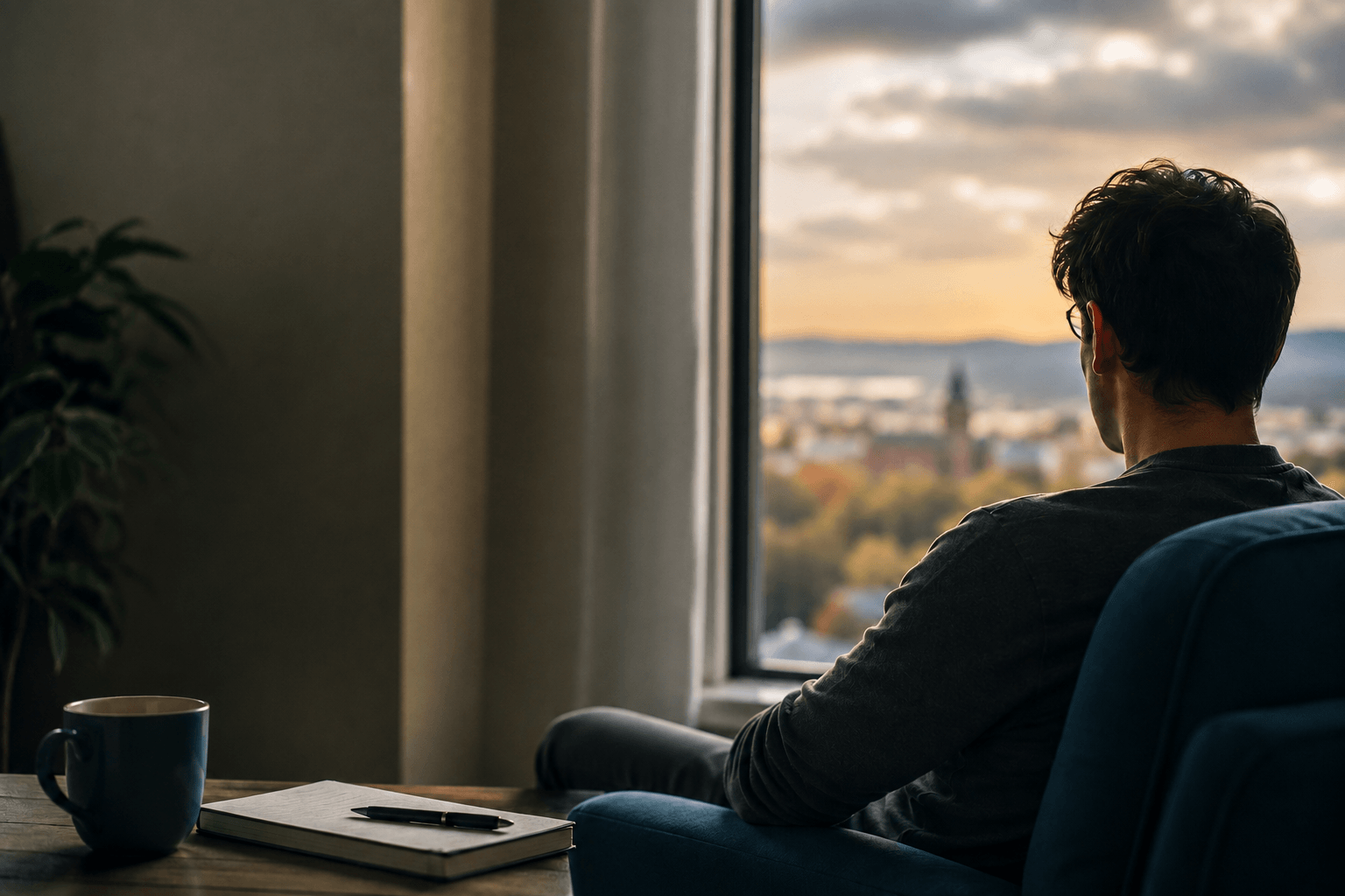Person sitting alone thoughtfully considering their marijuana use in a Massachusetts home setting