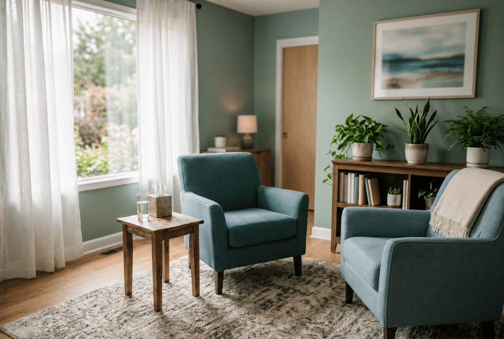 Person in individual addiction counseling session with a licensed therapist in a Massachusetts outpatient office
