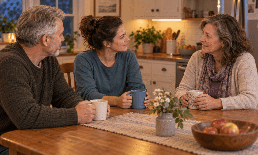 A family having a supportive check-in conversation during a loved one's aftercare period in Massachusetts
