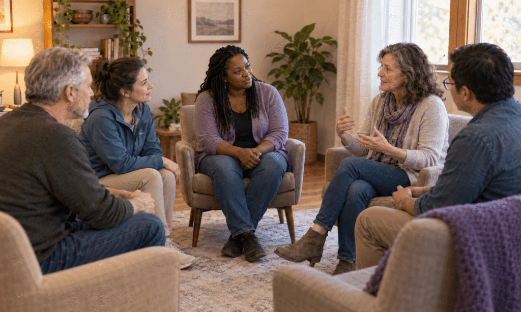 A small alumni support group meeting in a comfortable Massachusetts community setting during early recovery aftercare