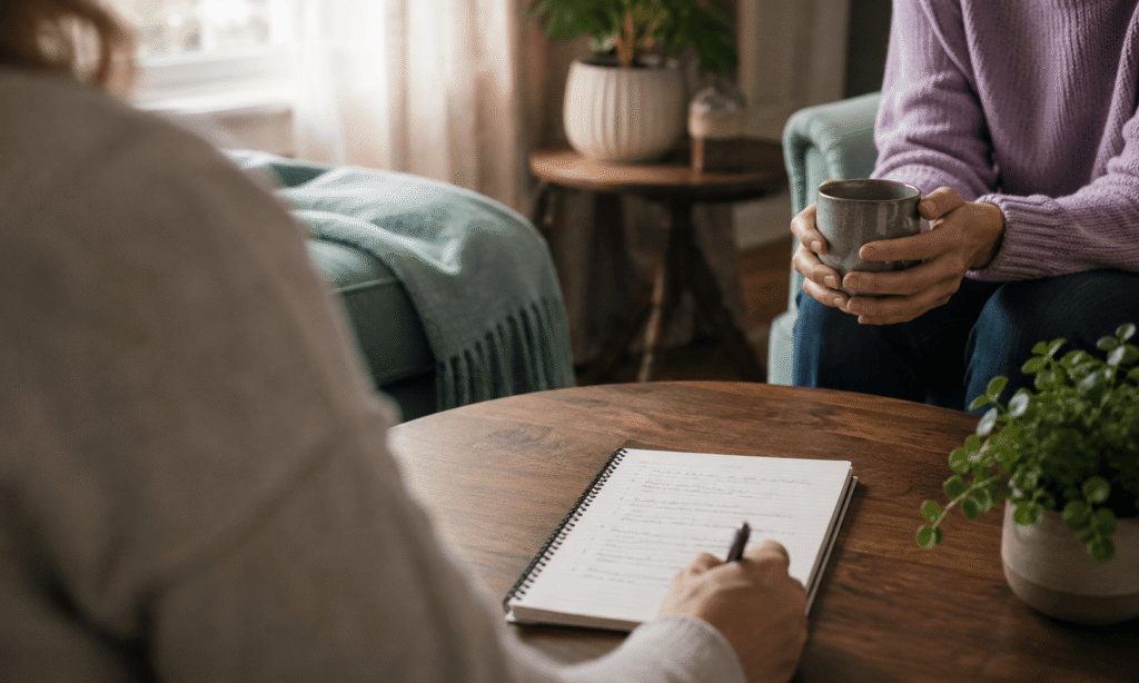 Close-up of a clinician reviewing a treatment plan with a client during an addiction counseling session in Massachusetts