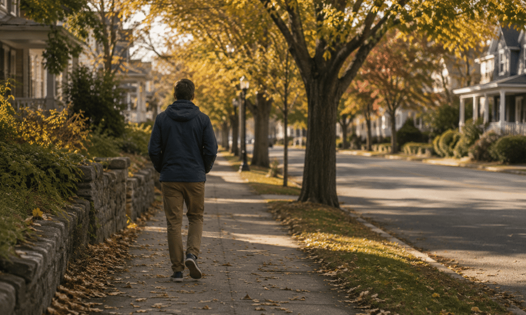 Person walking outside in early autumn light in Massachusetts, symbolizing a step toward addressing marijuana dependence