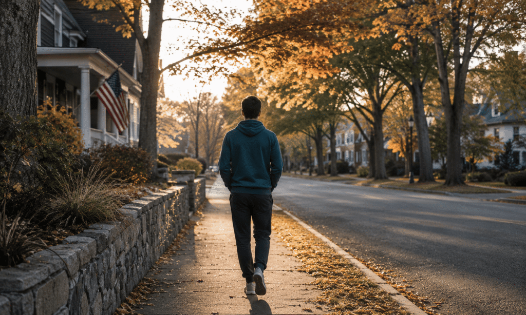 Person walking confidently outside after completing a treatment program transition in Massachusetts