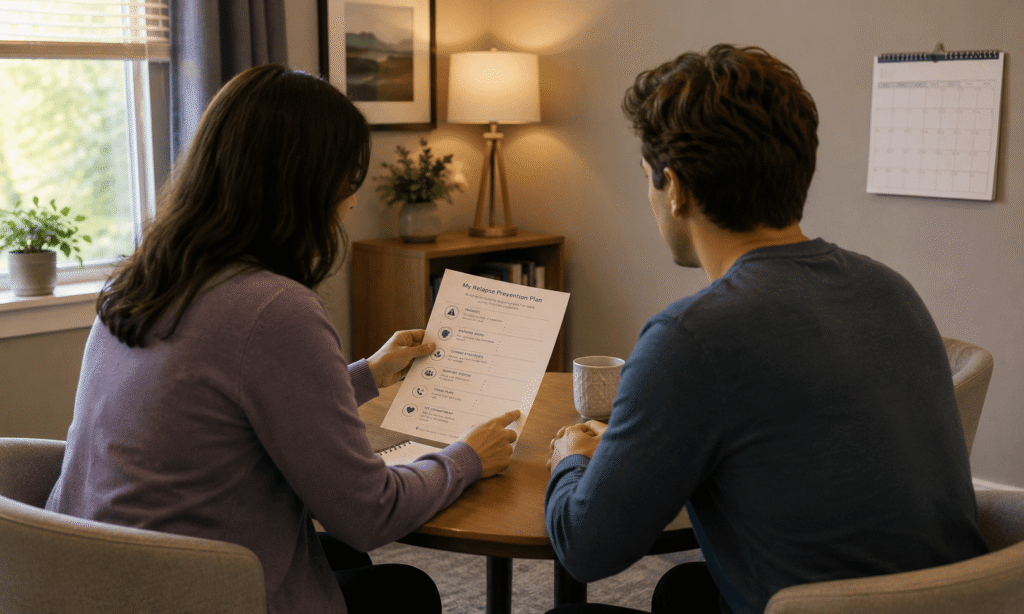 Counselor and client reviewing a discharge and step-down plan near the end of a treatment program in Massachusetts