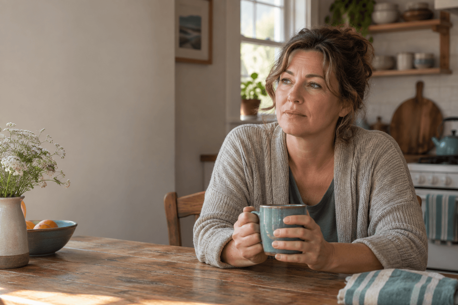 A concerned adult sitting quietly at a kitchen table in soft morning light, representing a family member noticing early warning signs of a loved one's substance use