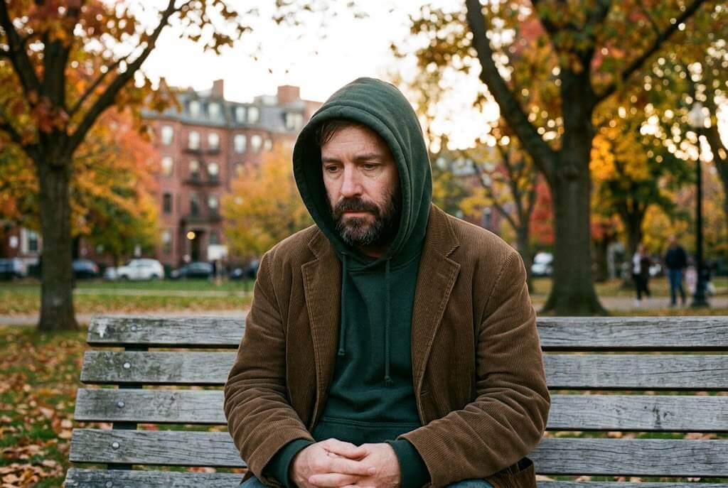 Thoughtful man on bench in autumn